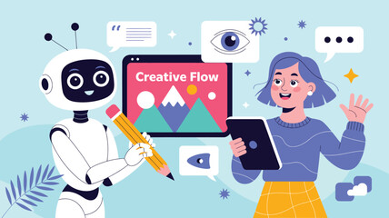 Creative 3D illustration of robot and human collaborating with digital tools, symbolizing innovation, imagination, and artistic synergy