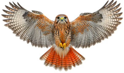 A majestic red-tailed hawk in flight, wings spread wide against a white background.