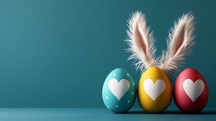 Colorful Easter eggs with white hearts and fluffy bunny ears on blue background with space for text