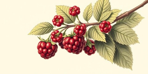 Obraz premium Engraved style raspberry branch with berries and leaves; perfect for vintage designs, line art, branch