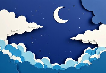Layered paper cut night sky, crescent moon, fluffy clouds, star details,   lunar,  artwork