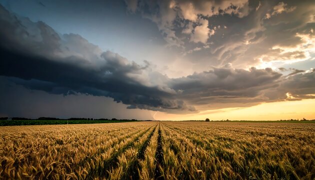 Wheat field storm sunset landscape. - Powered by Adobe