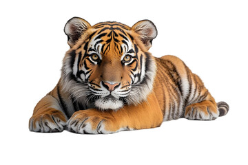 Naklejka premium A young tiger cub lies down, facing forward, with striking orange and black stripes against a white background.