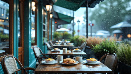 Cozy outdoor cafe scene during a rainy afternoon showing food and beverages ready