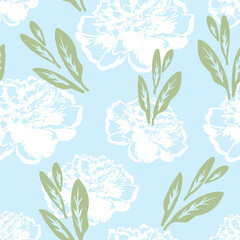 Repeating pattern of white flowers and green leaves on blue. Vector illustration