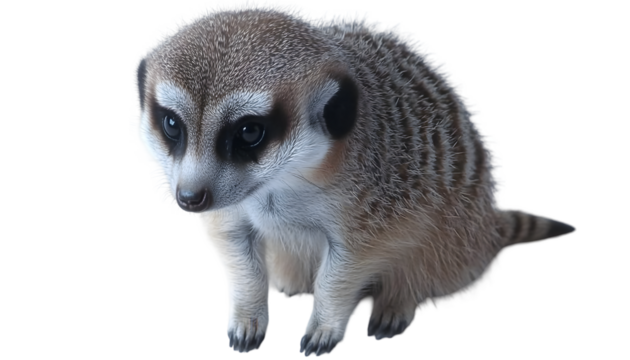 A close-up of a meerkat standing on a white background, looking downward with a slightly hunched posture.