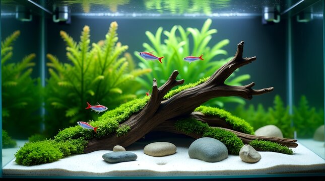 Aesthetic Freshwater Aquascape Aquarium with Neon Tetras and Driftwood Composition in Crystal Clarity