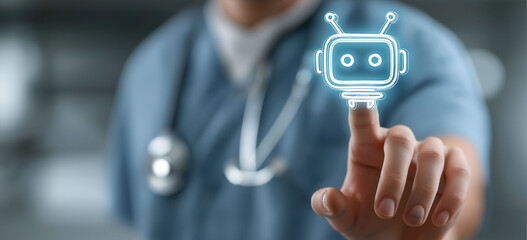 A medical worker use virtual graphic Global Internet connect Chat bot with AI, Artificial Intelligence.Concept of healthcare and medical AI technology services