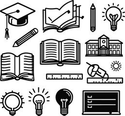 Simple black and white line icon set for education and learning. Include graduation cap, open book, pencil, ruler, school building, light bulb 6.