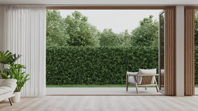 Empty white room with wood-framed glass doors open to garden. Modern house interior 3d rendering.