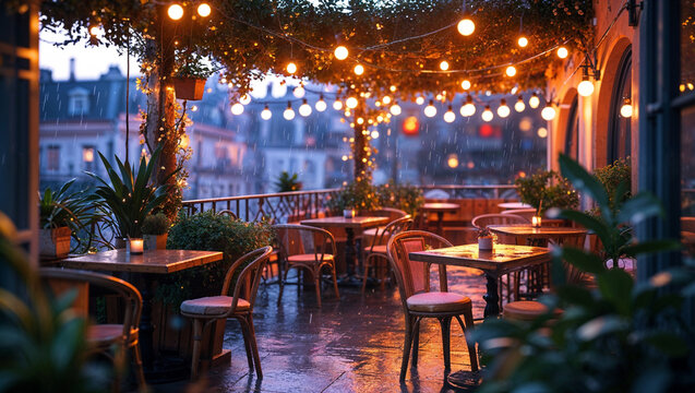 Cozy romantic rainy evening at an outdoor restaurant with string lights and ambience
