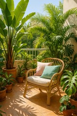 Fototapeta premium Sunny balcony with tropical potted plants and a rattan chair, creating a peaceful and cozy outdoor seating space.