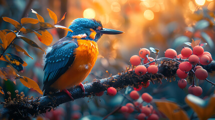A colorful bird on a berry branch with a blurred background is ideal for nature promotions.