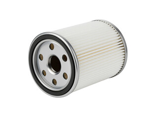 Automotive oil filter for vehicle engine maintenance and performance improvement isolated on white background
