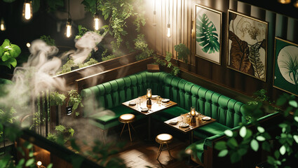 Elegant restaurant interior design with green velvet seating lush greenery and soft atmospheric lighting