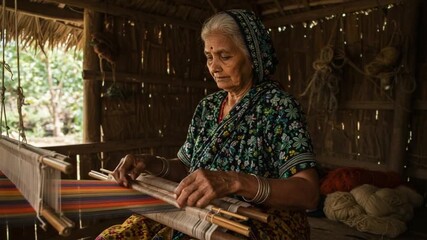 Elderly Woman Skillfully Weaving Vibrant Threads in Rustic Hut. - Powered by Adobe
