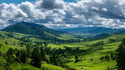 Obraz premium Vibrant Green Rolling Hills and Mountains Under Dramatic Clouds
