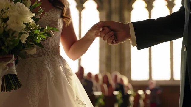 Couple holding hands in a church during wedding ceremony