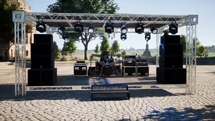 Outdoor Concert Stage Setup with Black Speakers and Drum Set on Cobblestone Surface Under Daylight