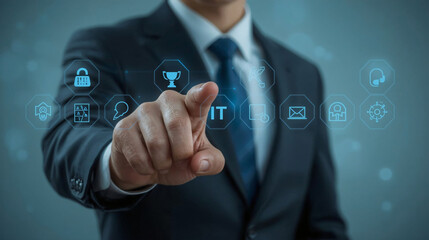 Businessman&rsquo;s Hand Pointing at Floating Digital Icons &ndash; Futuristic AI and IT Interface Concept