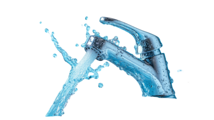 A clean water faucet with fresh flowing stream on white background