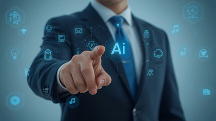 Fototapeta premium Businessman’s Hand Pointing at Floating Digital Icons – Futuristic AI and IT Interface Concept