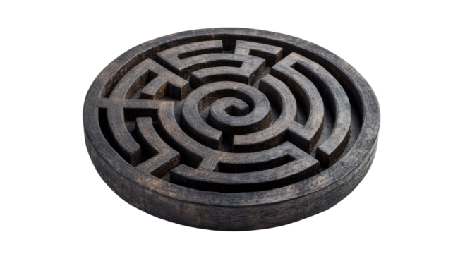 A circular maze puzzle with entrance and exit on white background