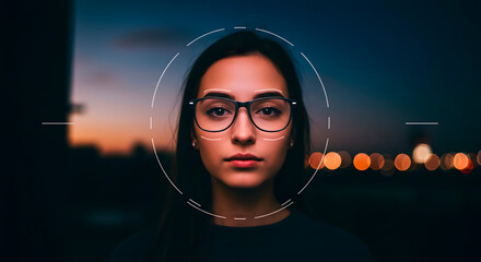 Confident Young Woman with Glasses in Digital Focus – Modern Portrait and Technology Concept