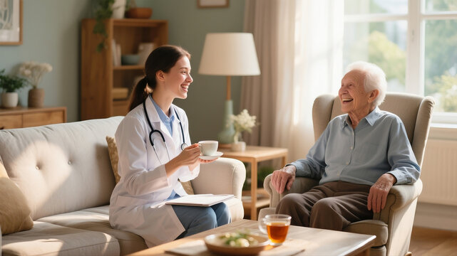 A friendly young doctor on a home visit, enjoying a laugh and a cup of tea with a cheerful senior patient