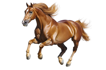 A chestnut horse with a flowing mane and tail galloping dynamically across a white background, showcasing its powerful physique and graceful movement.