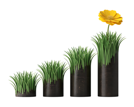 Growing Grass in Cylinders with Yellow Flower isolated on a transparent background growth