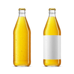 500ml clear glass Euro bottles with beer isolated. Golden crown cork and blank label. 3D rendering illustration. Transparent PNG image.