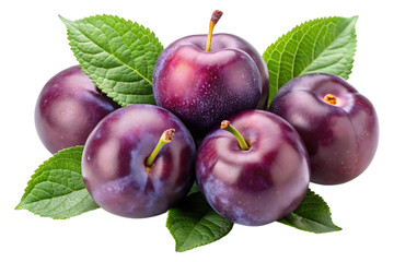 ripe plums with green leaf image isolated on a transparent background