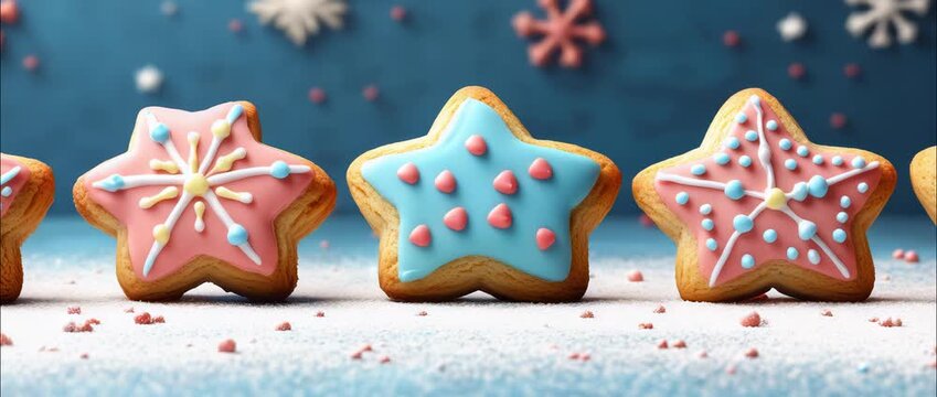 A collection of vibrant star-shaped cookies with colorful icing and sprinkles arranged on a blue background, ideal for festive celebrations and events.