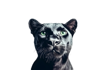 Majestic black panther portrait, intense green eyes, looking upward, isolated on white.