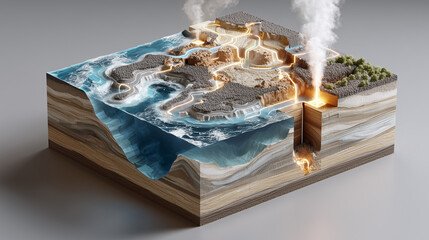 3D diagram cross-section of the earth's crust showing natural geothermal energy and hot springs