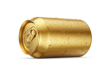 Golden 330ml drink can with droplets of water, placed on its side, isolated. 3D rendering illustration. Transparent PNG image.