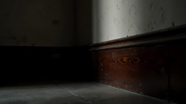 A dimly lit corner with peeling paint and dark wood trim in an old abandoned building room space
