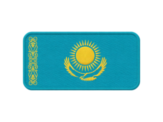An embroidered Kazakhstan flag patch featuring golden sun and ornament details, transparent background