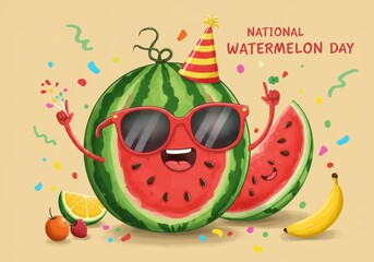 Celebrating National Watermelon Day with a happy cartoon watermelon wearing sunglasses and party hat