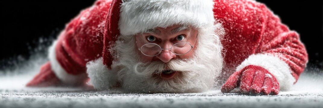 Santa Claus prepares for a festive mission in a snowy environment during the holiday season