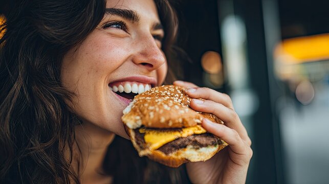 Woman ecstatically eating a delicious burger with visible cheese and fresh vegetables indoors.