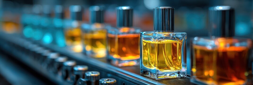 Luxury perfumes on a production line in a fragrance factory showcasing vibrant colors and intricate design details