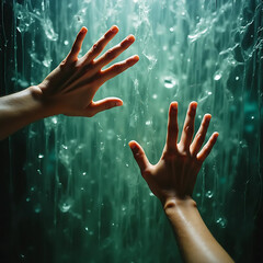 Dynamic interplay of light, liquid, and human touch, portraying a moment of discovery, breakthrough, or confronting an invisible barrier. Excellent for innovative, mysterious, or exploratory content.