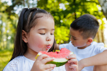 Children Eating Watermelon Outdoors Summer Picnic Closeup Portrait Happy Childhood in Nature