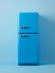 Blue retro refrigerator against a light blue background.