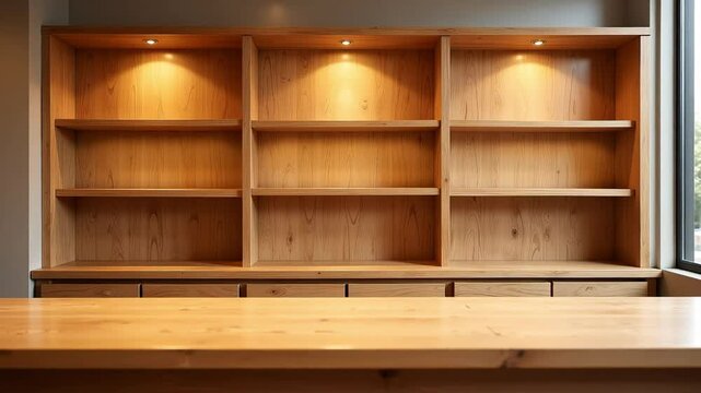 Close up of a wooden bookshelf with three sections and a wooden countertop in the foreground