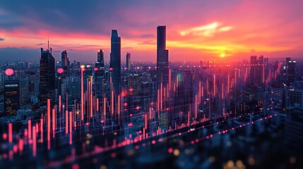 City skyline at sunset overlaid with financial data