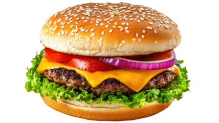 Delicious juicy cheese burger with toppings on white background