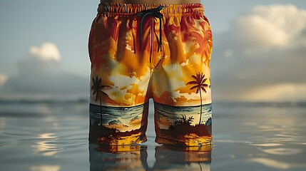 Swim shorts with a vibrant sunset beach print stand in clear ocean water.